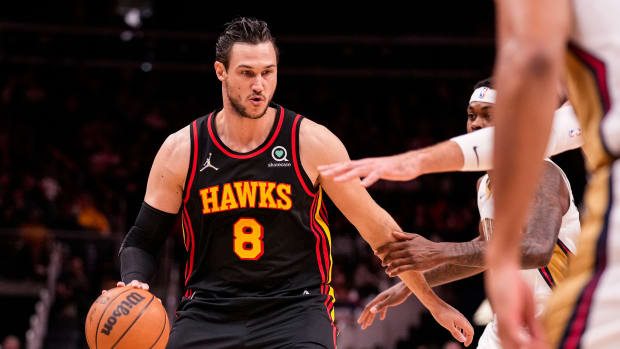Atlanta Hawks forward Danilo Gallinari (8) controls the ball against the New Orleans Pelicans during the first half at State Farm Arena.