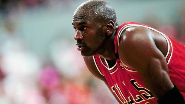 Bulls guard Michael Jordan (23) against the Portland Trail Blazers during the 1992 season at Memorial Coliseum. Mandatory Credit: