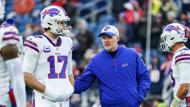 Sean McDermott with Josh Allen before a game. 