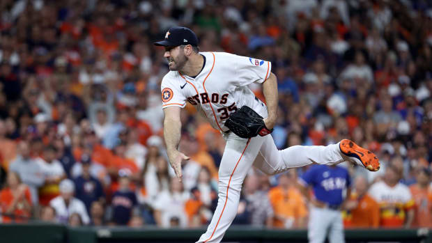 Oct 15, 2023; Houston, Texas, USA; Houston Astros pitcher Justin Verlander (35) throws during the first inning of game one of the ALCS against the Texas Rangers in the 2023 MLB playoffs at Minute Maid Park. Mandatory Credit: Troy Taormina-USA TODAY Sports  