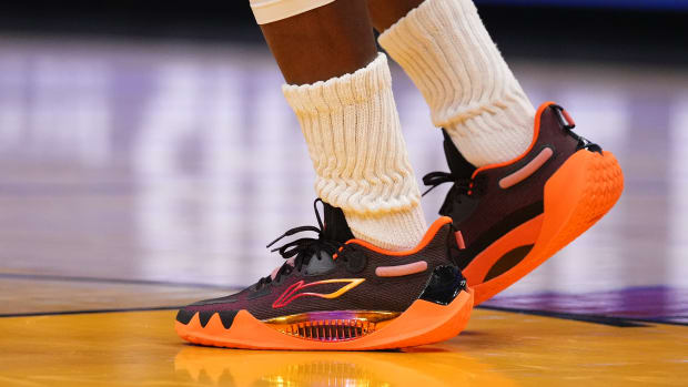 View of Jimmy Butler's black and orange shoes.