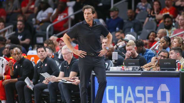 Atlanta Hawks head coach Quin Snyder on the sideline during a game.