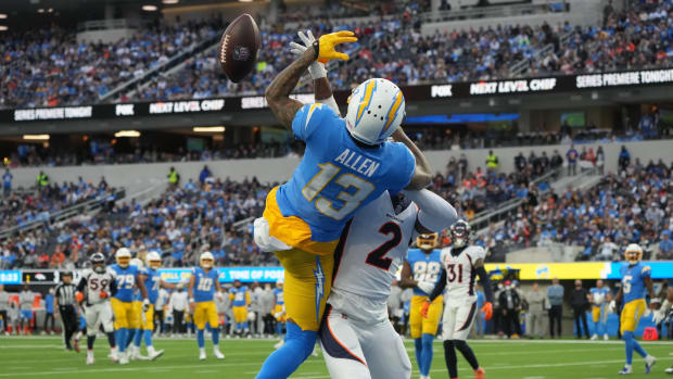 Denver Broncos cornerback Pat Surtain II (2) breaks up a pass intended for Los Angeles Chargers wide receiver Keenan Allen (13) in the second half at SoFi Stadium.