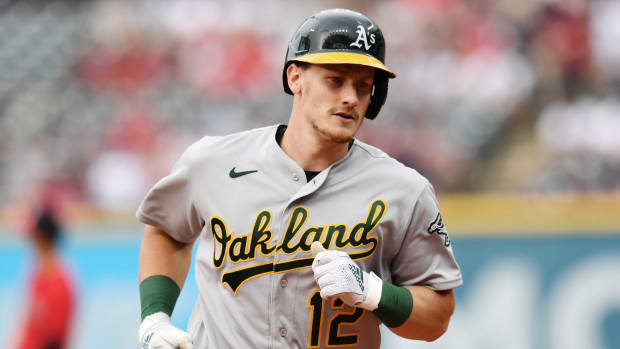 Jun 11, 2022; Cleveland, Ohio, USA; Oakland Athletics catcher Sean Murphy (12) rounds the bases after hitting a home run during the ninth inning against the Cleveland Guardians at Progressive Field. Mandatory Credit: Ken Blaze-USA TODAY Sports
