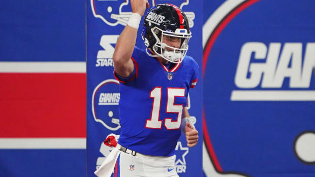 East Rutherford, NJ December 31, 2023 -- Quarterbacks Tommy DeVito of the Giants on the field during pre-game warm-ups. The New York Giants host the Los Angeles Rams on December 31, 2023 at at MetLife Stadium in East Rutherford, NJ.