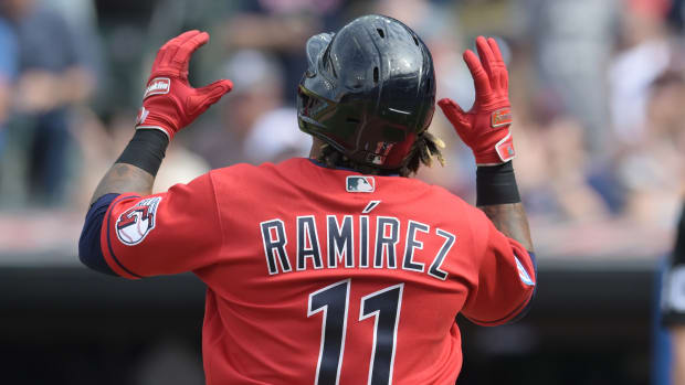 Sep 17, 2023; Cleveland, Ohio, USA; Cleveland Guardians designated hitter Jose Ramirez (11) rounds the bases after hitting a home run during the fourth inning against the Texas Rangers at Progressive Field. Mandatory Credit: Ken Blaze-USA TODAY Sports