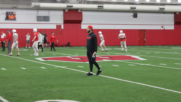 Former Wisconsin linebacker Jack Cichy working as an analyst with the Badgers during spring practice.