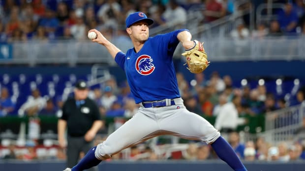 Apr 29, 2023; Miami, Florida, USA; Chicago Cubs starting pitcher Caleb Kilian (45) pitches against the Miami Marlins during the first inning at loanDepot Park. Mandatory Credit: Rhona Wise-USA TODAY Sports  