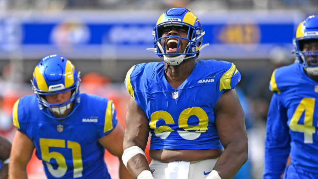 Oct 24, 2021; Inglewood, California, USA; Los Angeles Rams defensive tackle Sebastian Joseph-Day (69) reacts after a tackle in the first half of the game against the Detroit Lions at SoFi Stadium. Mandatory Credit: Jayne Kamin-Oncea-USA TODAY Sports