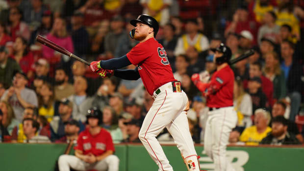 Jun 14, 2023; Boston, Massachusetts, USA; Boston Red Sox right fielder Alex Verdugo (99) hits a double to left field to drive in a run against the Colorado Rockies in the seventh inning at Fenway Park. Mandatory Credit: David Butler II-USA TODAY Sports