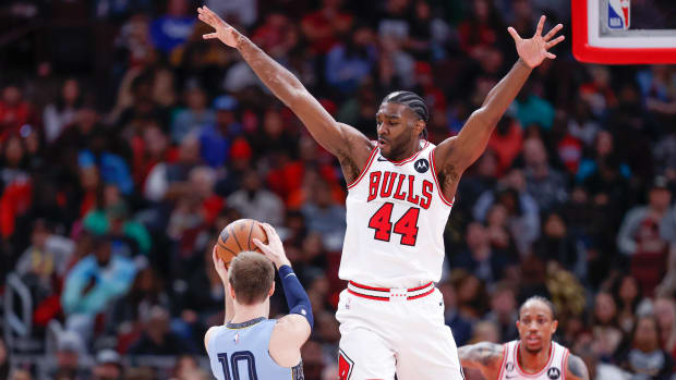 Apr 2, 2023; Chicago, Illinois, USA; Chicago Bulls forward Patrick Williams (44) defends against Memphis Grizzlies guard Luke Kennard (10) during the second half at United Center.