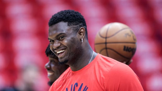 New Orleans Pelicans forward Zion Williamson (1) during warm ups before game six against the Phoenix Suns of the first round for the 2022 NBA playoffs at Smoothie King Center.