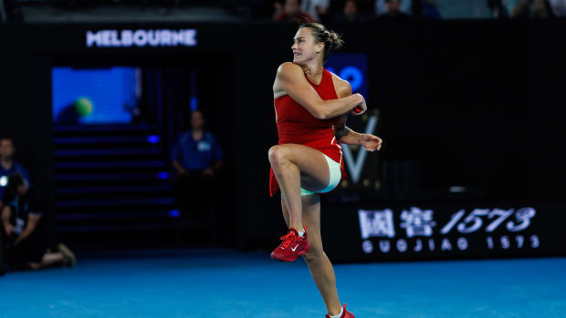 Aryna Sabalenka hits a shot during the 2024 Australian Open.