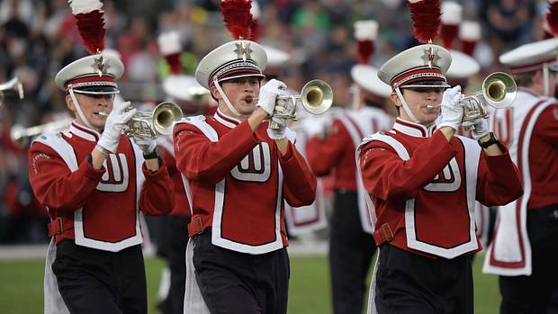 The Wisconsin marching band playing at the Rose Bowl.