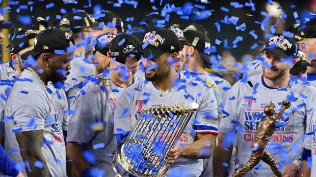 The Texas Rangers celebrate their 2023 World Series victory.