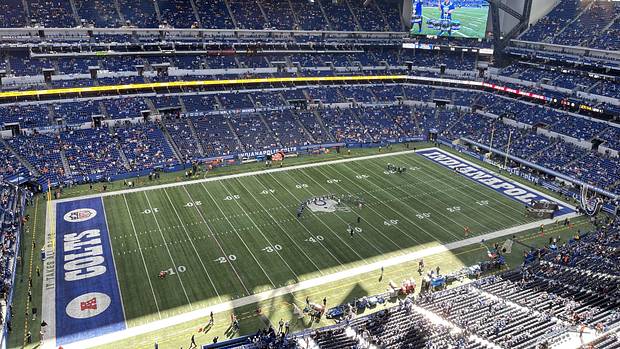 The Cleveland Browns prepare to play the Indianapolis Colts at Lucas Oil Stadium on October 22, 2023.