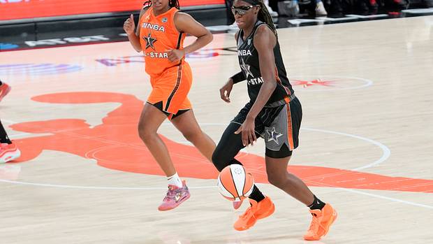 Rhyne Howard dribbles the ball in the 2023 WNBA All-Star Game.