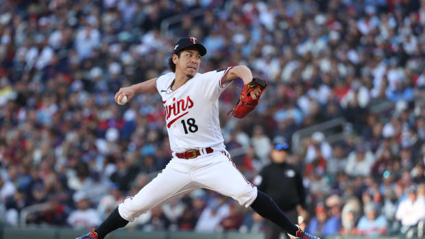Oct 10, 2023; Minneapolis, Minnesota, USA; Minnesota Twins relief pitcher Kenta Maeda (18) pitches in the sixth inning against the Houston Astros during game three of the ALDS for the 2023 MLB playoffs at Target Field. Mandatory Credit: Jesse Johnson-USA TODAY Sports  