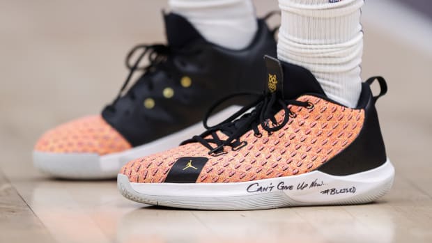 Phoenix Suns guard Chris Paul wears the Jordan CP3.12 'Multi-color' shoes.