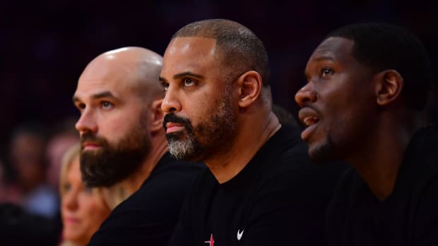Rockets head coach Ime Udoka watches game action against the Los Angeles Lakers during the first half at Crypto.com Arena.