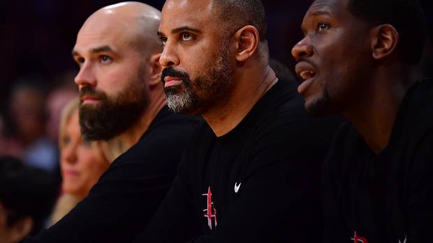 Rockets head coach Ime Udoka watches game action against the Los Angeles Lakers during the first half at Crypto.com Arena.