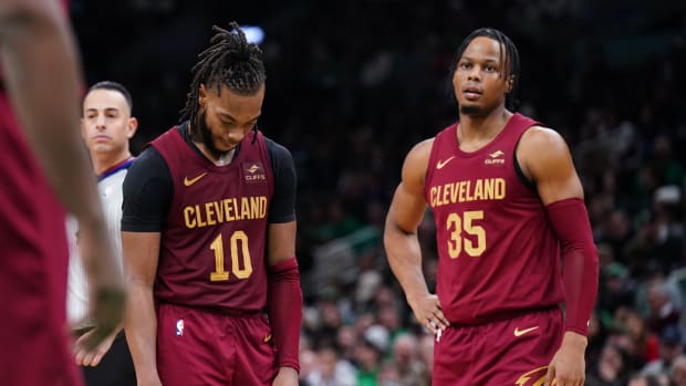 Dec 12, 2023; Boston, Massachusetts, USA; Cleveland Cavaliers guard Darius Garland (10) and forward Isaac Okoro (35) react after a call as they take on the Boston Celtics in the second half at TD Garden.