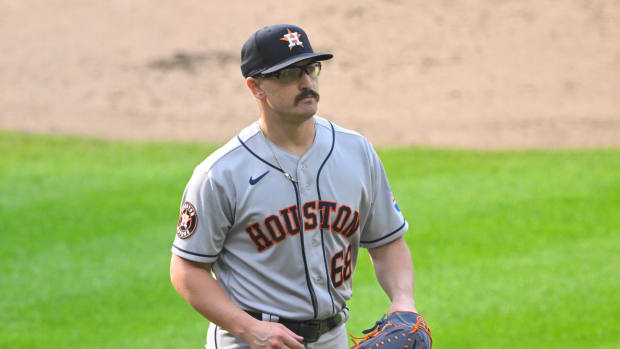 Jun 10, 2023; Cleveland, Ohio, USA; Houston Astros starting pitcher J.P. France (68) walks off the field in the first inning against the Cleveland Guardians at Progressive Field. Mandatory Credit: David Richard-USA TODAY Sports