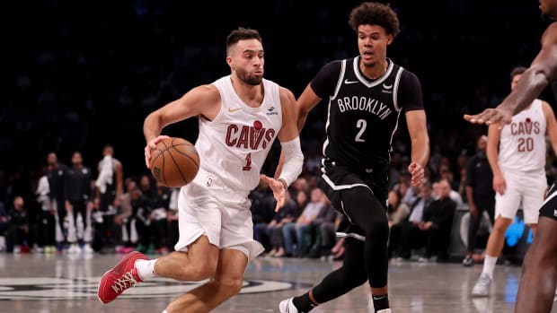 Oct 25, 2023; Brooklyn, New York, USA; Cleveland Cavaliers guard Max Strus (1) drives to the basket against Brooklyn Nets forward Cameron Johnson (2) during the second quarter at Barclays Center. Mandatory Credit: Brad Penner-USA TODAY Sports
