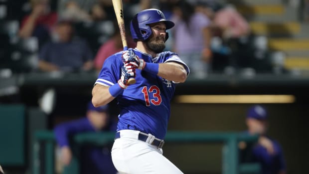 Oklahoma City Dodgers outfielder David Dahl (13) hits a single during the PCL Championship Series baseball game between the Oklahoma City Dodgers and the Round Rock Express at the Chickasaw Bricktown Ballpark in Oklahoma City, Wednesday, Sept. 27, 2023  