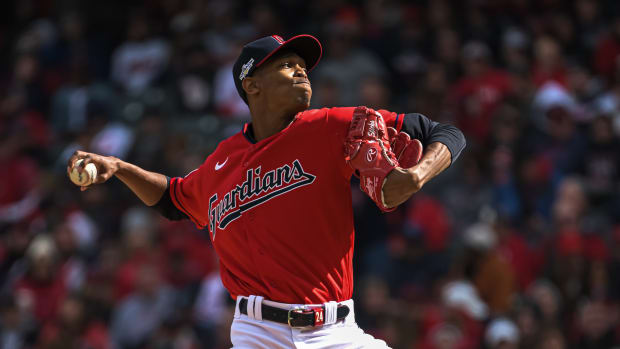 Oct 8, 2022; Cleveland, Ohio, USA; Cleveland Guardians starting pitcher Triston McKenzie (24) throws a pitch against the Tampa Bay Rays in the first inning during game two of the Wild Card series for the 2022 MLB Playoffs at Progressive Field. Mandatory Credit: Ken Blaze-USA TODAY Sports