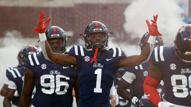 Sep 16, 2023; Oxford, Mississippi, USA; Mississippi Rebels defensive back Isheem Young (1) runs out of the tunnel prior to the game against the Georgia Tech Yellow Jackets at Vaught-Hemingway Stadium. Mandatory Credit: Petre Thomas-USA TODAY Sports
