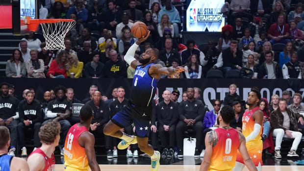 LeBron James dunks the ball during the 2023 NBA All-Star Game