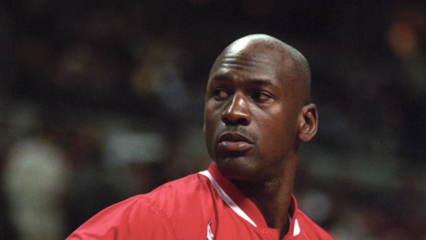 Feb 15, 1996; Chicago Bulls guard Michael Jordan vs. the Detroit Pistons at the Palace at Auburn Hills.