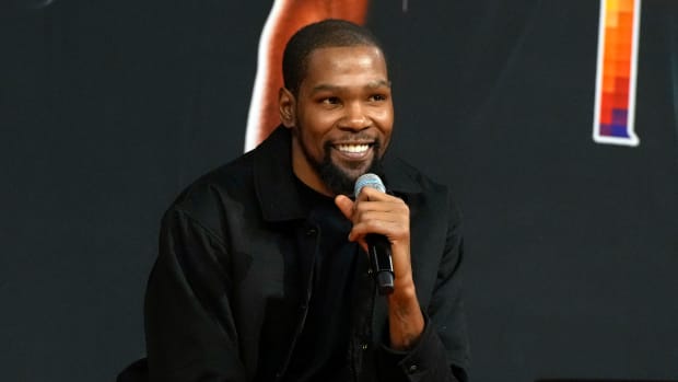 Kevin Durant speaks during a press conference.