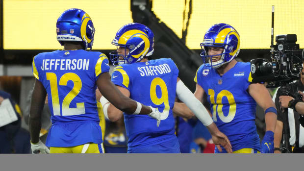 Jan 30, 2022; Inglewood, California, USA; Los Angeles Rams wide receiver Cooper Kupp (10) celebrates with teammates Matthew Stafford (9) and Van Jefferson (12) after a touchdown against the San Francisco 49ers in the fourth quarter during the NFC Championship Game at SoFi Stadium. Mandatory Credit: Kirby Lee-USA TODAY Sports