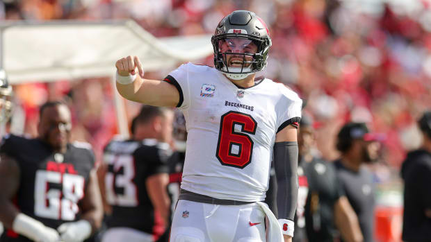 Oct 22, 2023; Tampa, Florida, USA; Tampa Bay Buccaneers quarterback Baker Mayfield (6) reacts after a run against the Atlanta Falcon in the fourth quarter at Raymond James Stadium. Mandatory Credit: Nathan Ray Seebeck-USA TODAY Sports  
