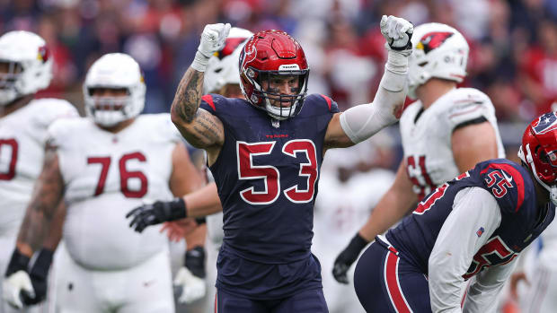 Texans linebacker Blake Cashman reacts after a play during the game against the Arizona Cardinals at NRG Stadium.