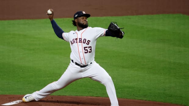 Oct 23, 2023; Houston, Texas, USA; Houston Astros pitcher Cristian Javier (53) throws during the first inning of game seven in the ALCS against the Texas Rangers for the 2023 MLB playoffs at Minute Maid Park. Mandatory Credit: Erik Williams-USA TODAY Sports  