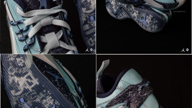 A detailed look at the UNC Tar Heels' blue and white Jordan Luka sneakers.