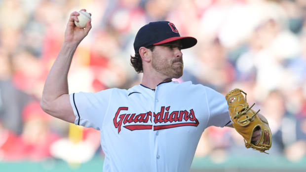 May 26, 2023; Cleveland, Ohio, USA; Cleveland Guardians starting pitcher Shane Bieber (57) throws a pitch during the first inning against the St. Louis Cardinals at Progressive Field. Mandatory Credit: Ken Blaze-USA TODAY Sports