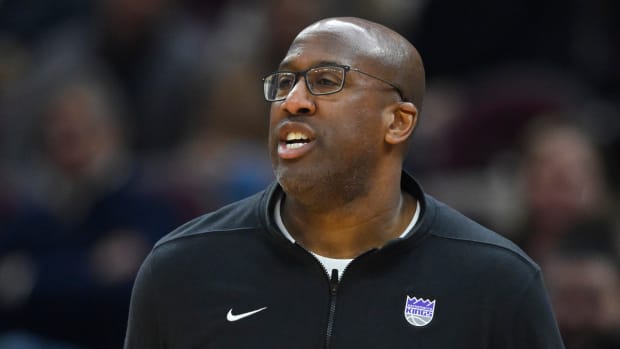 Feb 5, 2024; Cleveland, Ohio, USA; Sacramento Kings head coach Mike Brown react in the second quarter against the Cleveland Cavaliers at Rocket Mortgage FieldHouse.