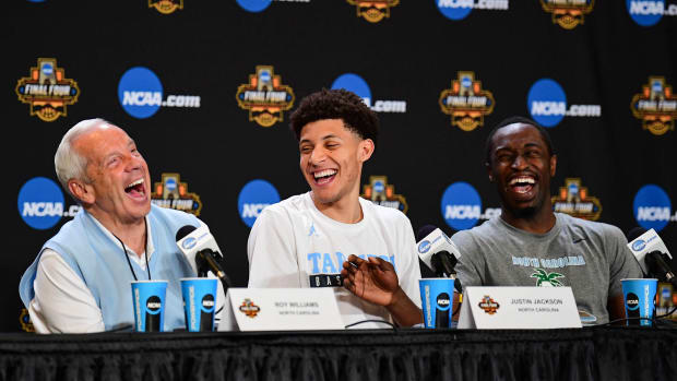 UNC basketball's Roy Williams, Justin Jackson, and Theo Pinson