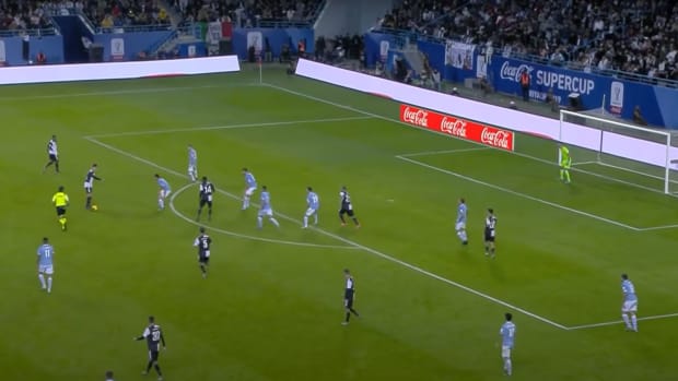 Cristiano Ronaldo pictured on the ball at Mrsool Park in Saudi Arabia during the 2019 Supercoppa Italiana final between Juventus and Lazio