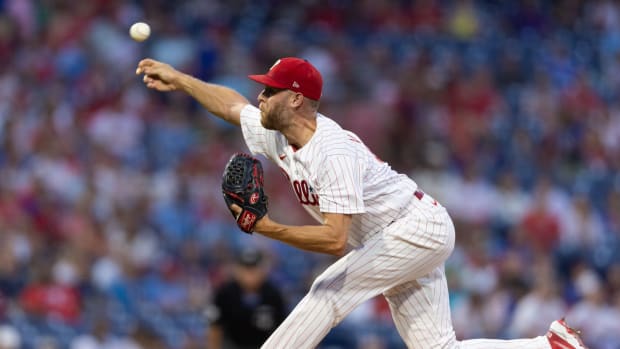 Sep 12, 2023; Philadelphia, Pennsylvania, USA; Philadelphia Phillies starting pitcher Zack Wheeler (45) throws a pitch during the second inning against the Atlanta Braves at Citizens Bank Park. Mandatory Credit: Bill Streicher-USA TODAY Sports  