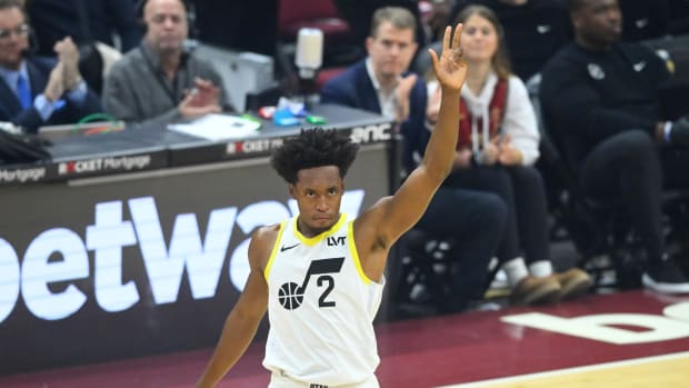 Dec 20, 2023; Cleveland, Ohio, USA; Utah Jazz guard Collin Sexton (2) acknowledges the crowd in the first quarter against the Cleveland Cavaliers at Rocket Mortgage FieldHouse.