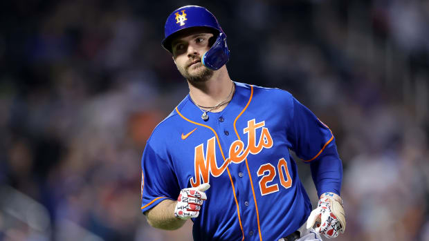 Sep 30, 2023; New York City, New York, USA; New York Mets designated hitter Pete Alonso (20) reacts after flying out during the first inning against the Philadelphia Phillies at Citi Field.