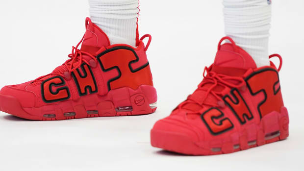 View of Chicago Bulls forward DeMar DeRozan's red and black Nike sneakers.