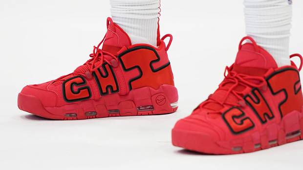 View of Chicago Bulls forward DeMar DeRozan's red and black Nike sneakers.