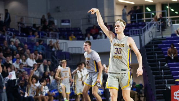 Liam McNeely of Montverde Academy drains a three during the championship game of the City of Palms tournament against Long Island Lutheran at Suncoast Credit Union Arena on Saturday, Dec. 23, 2023. Montverde won.