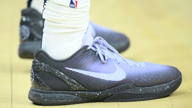 A detail view of the shoes worn by Minnesota Timberwolves center